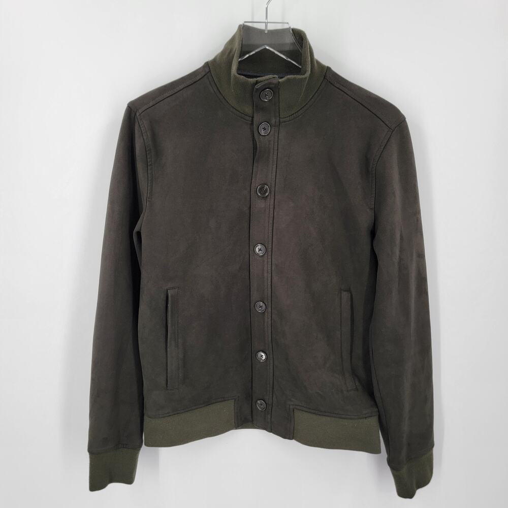 Banana Republic Bomber Jacket Mens S Green Button Front Faux Suede Pockets